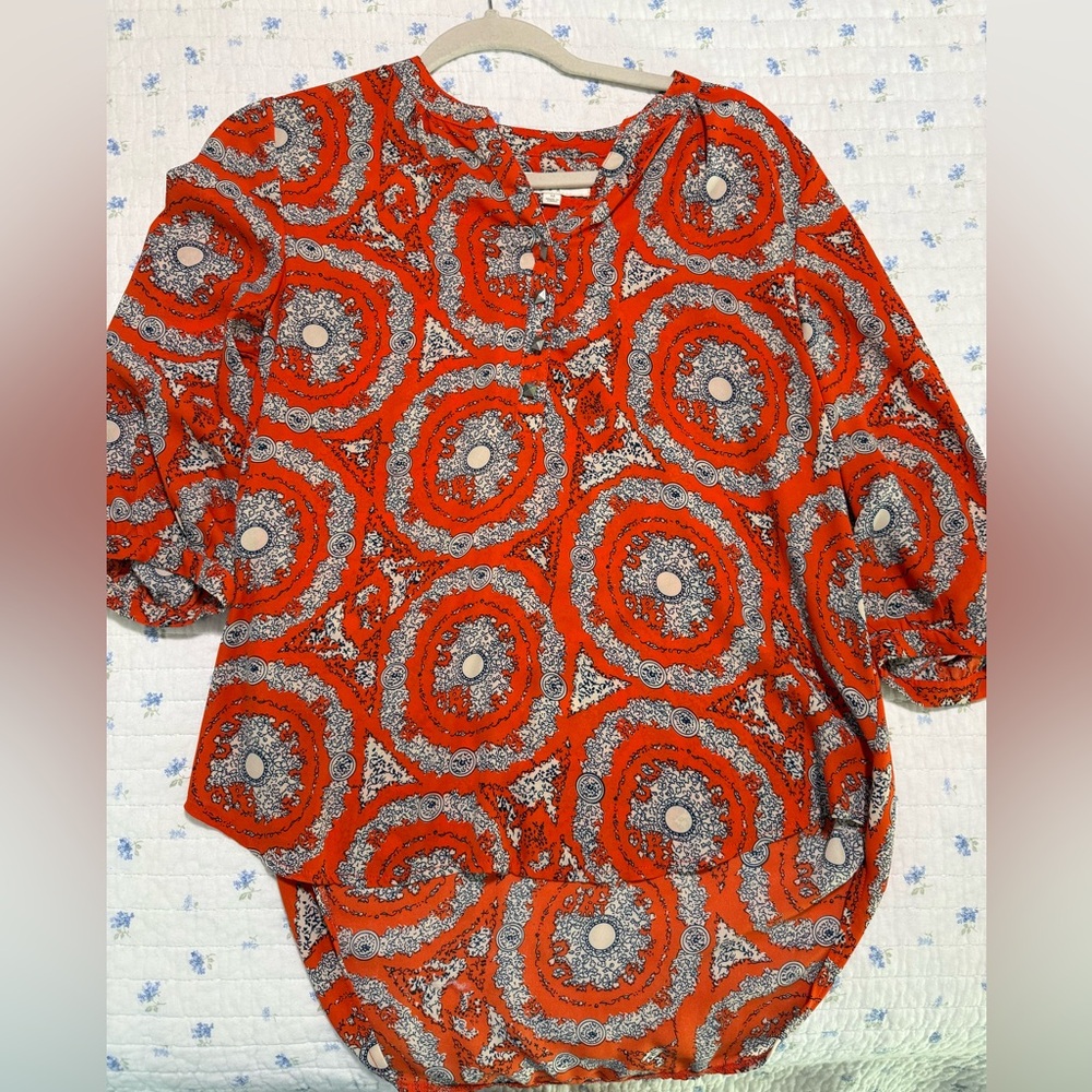 Umgee Brand Women's Orange Patterned Top Sheer Blouse Size Medium